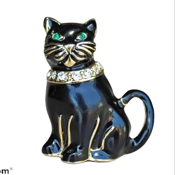Vintage Monet Black Gold Green Eyes Cat Art Deco Pin Brooch Excellent - Picture 1 of 4